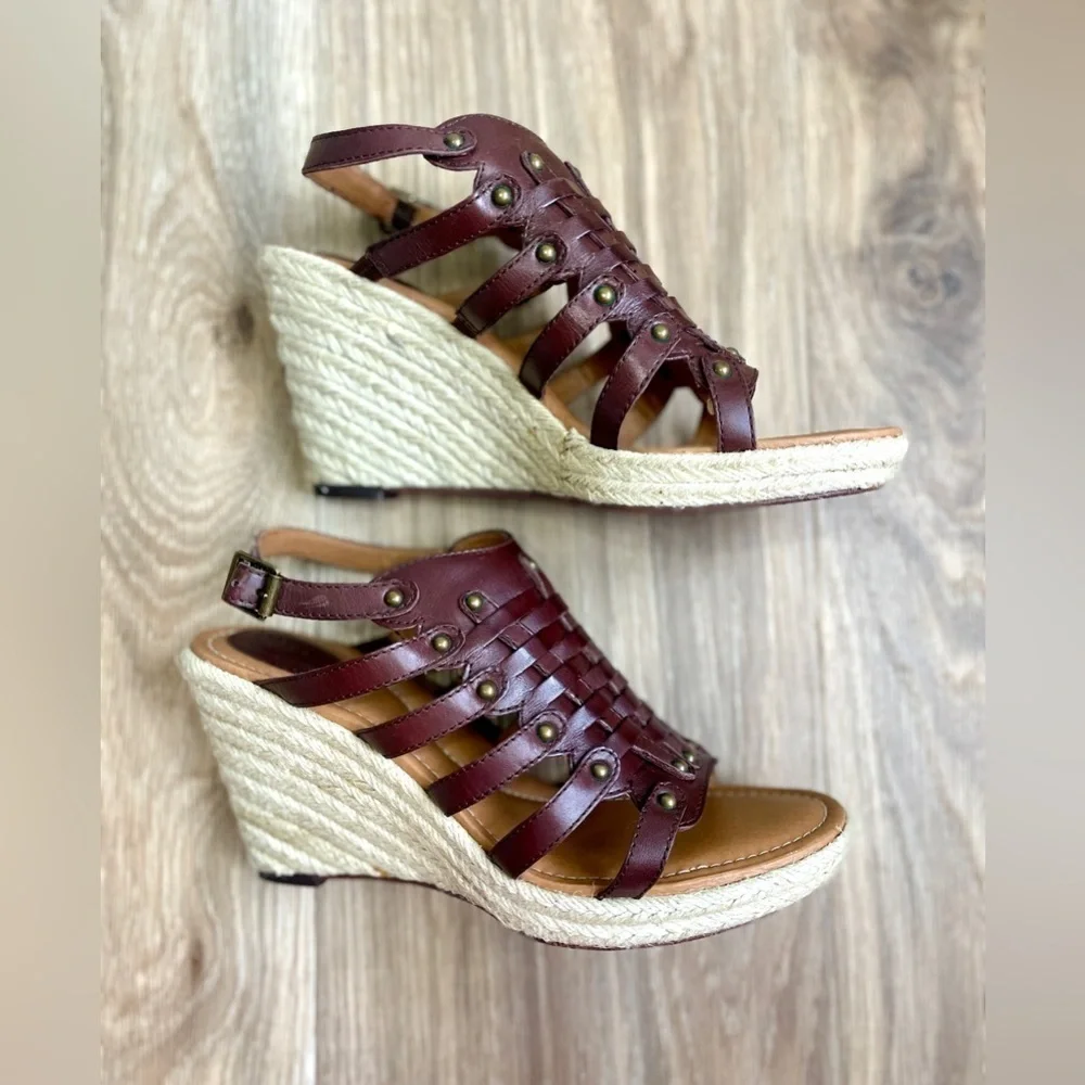 Fossil Women's Cassidy Woven Sand Wedge Sandals Brown Leather Size 9 M EUC